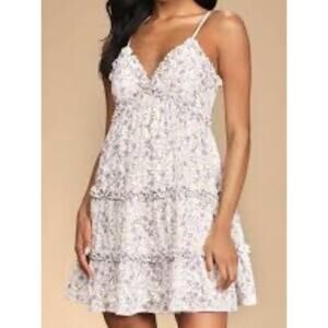Lulus Rain of Blooms White & Purple Floral Sleeveless Ruffled Mini Dress Sz Med